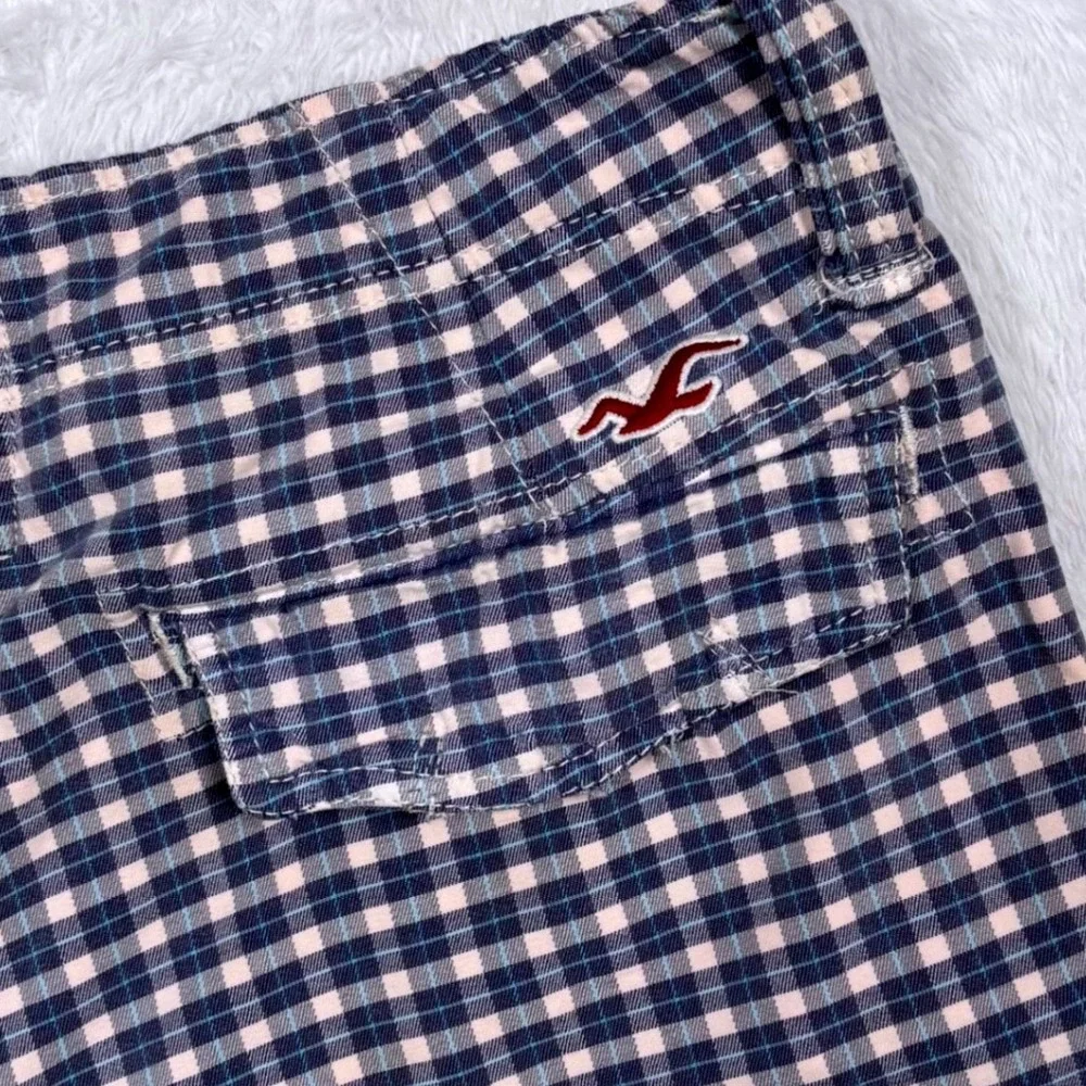 Y2K Hollister Button Fly Chino Shorts Mens 32 Blue Gingham Check Coastal Seagull